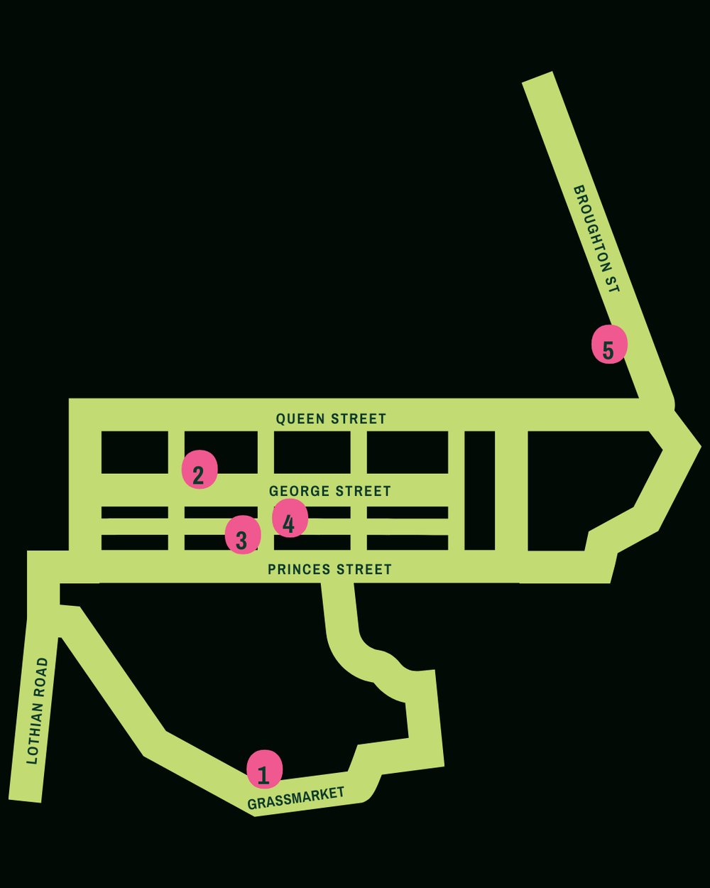 Map of the five Daiquiri Dash bars across Edinburgh